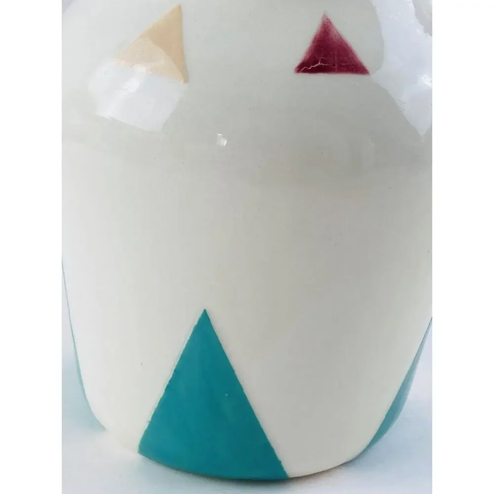 STORYTELLER ARTS Graphic Pitcher Pot Triangles Rare Turquoise Hand Painted 6.5